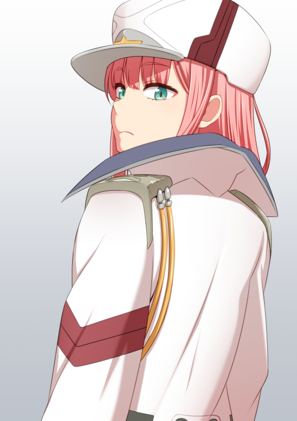 1girl bangs darling_in_the_franxx eyebrows_visible_through_hair from_behind gradient gradient_background green_eyes grey_background hat long_hair looking_at_viewer looking_back murata_isshin pink_hair solo upper_body white_coat white_hat zero_two_(darling_in_the_franxx)