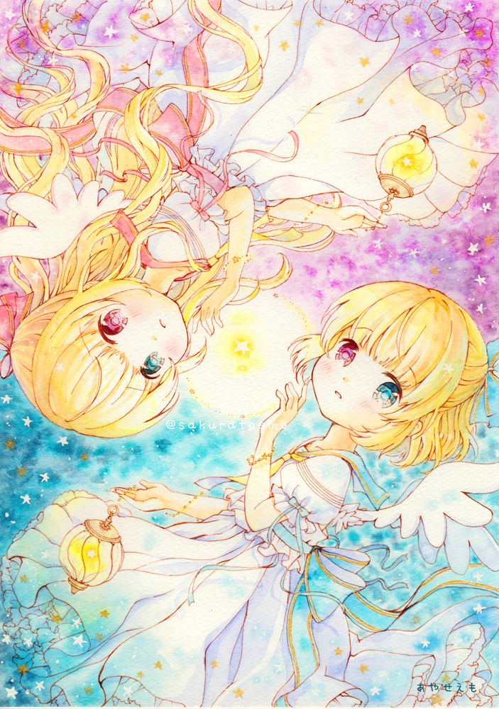 2girls angel_wings arm_up blonde_hair blue_background blue_eyes commentary_request dress emo_(mikan) expressionless glowing hair_ribbon half_updo heterochromia lantern long_hair looking_at_viewer multiple_girls original parted_lips petticoat ponytail puffy_short_sleeves puffy_sleeves purple_background ribbon short_hair short_sleeves star traditional_media two-tone_background upside-down violet_eyes watercolor_(medium) white_dress wings