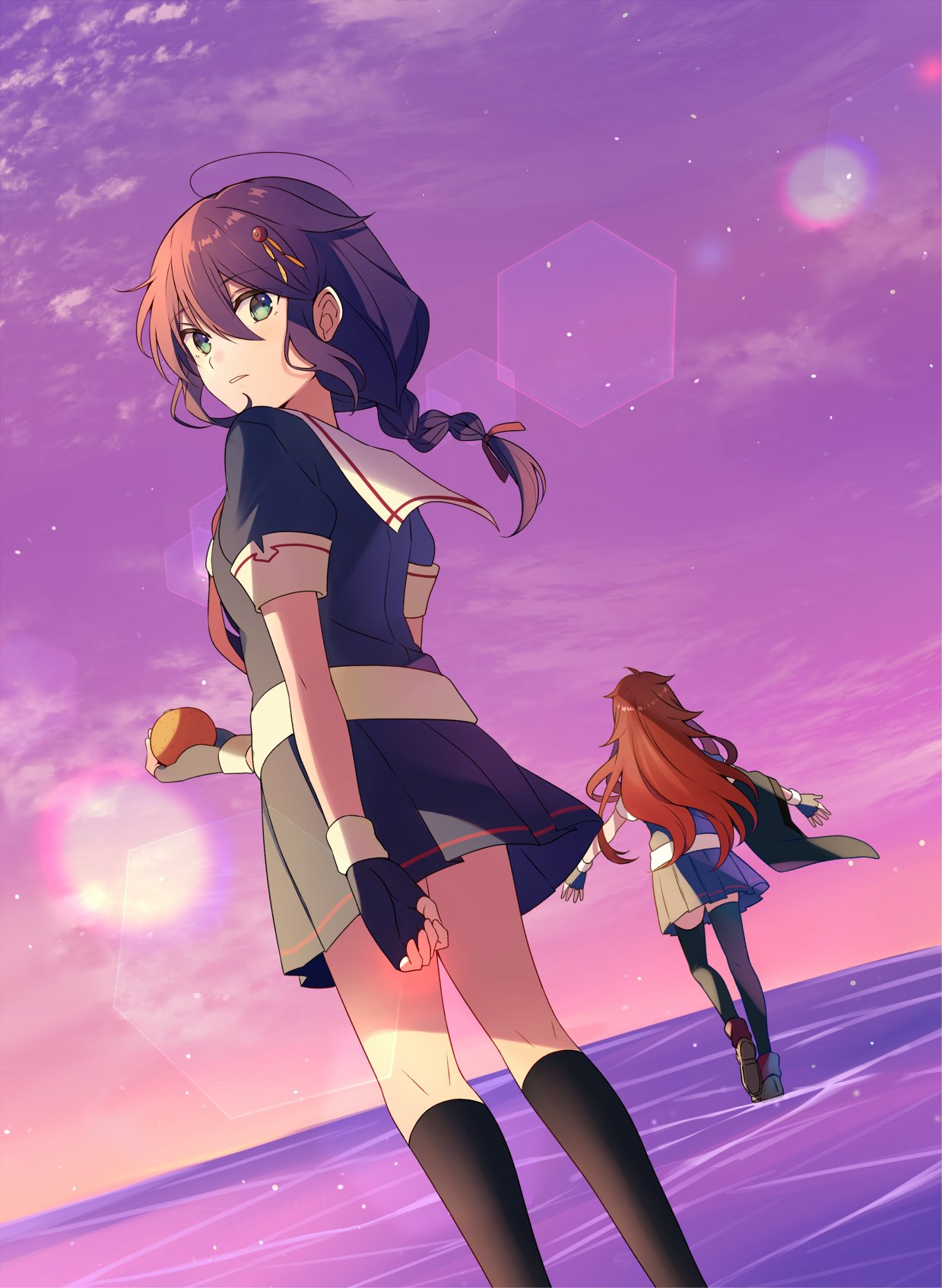 2girls ahoge asymmetrical_sleeves black_gloves black_serafuku black_shirt black_skirt black_socks black_thighhighs blue_eyes braid brown_hair fingerless_gloves gloves hair_flaps hair_ornament highres kantai_collection kneehighs long_hair miniskirt multiple_girls necktie ocean outdoors pleated_skirt red_necktie remodel_(kantai_collection) school_uniform serafuku shigure_(kancolle) shigure_(kantai_collection) shigure_kai_ni_(kancolle) shiratsuyu_(kancolle) shiratsuyu_kai_ni_(kancolle) shirt short_sleeves single_braid single_wide_sleeve skirt socks standing standing_on_liquid thigh-highs very_long_hair yukichi_(eikichi) zettai_ryouiki