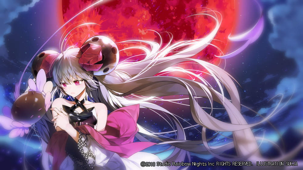 1girl :| antenna_hair bare_shoulders bun_cover closed_mouth law_of_creation long_hair moon night night_sky official_art outdoors red_moon sky solo star_(sky) starry_sky sukja very_long_hair watermark