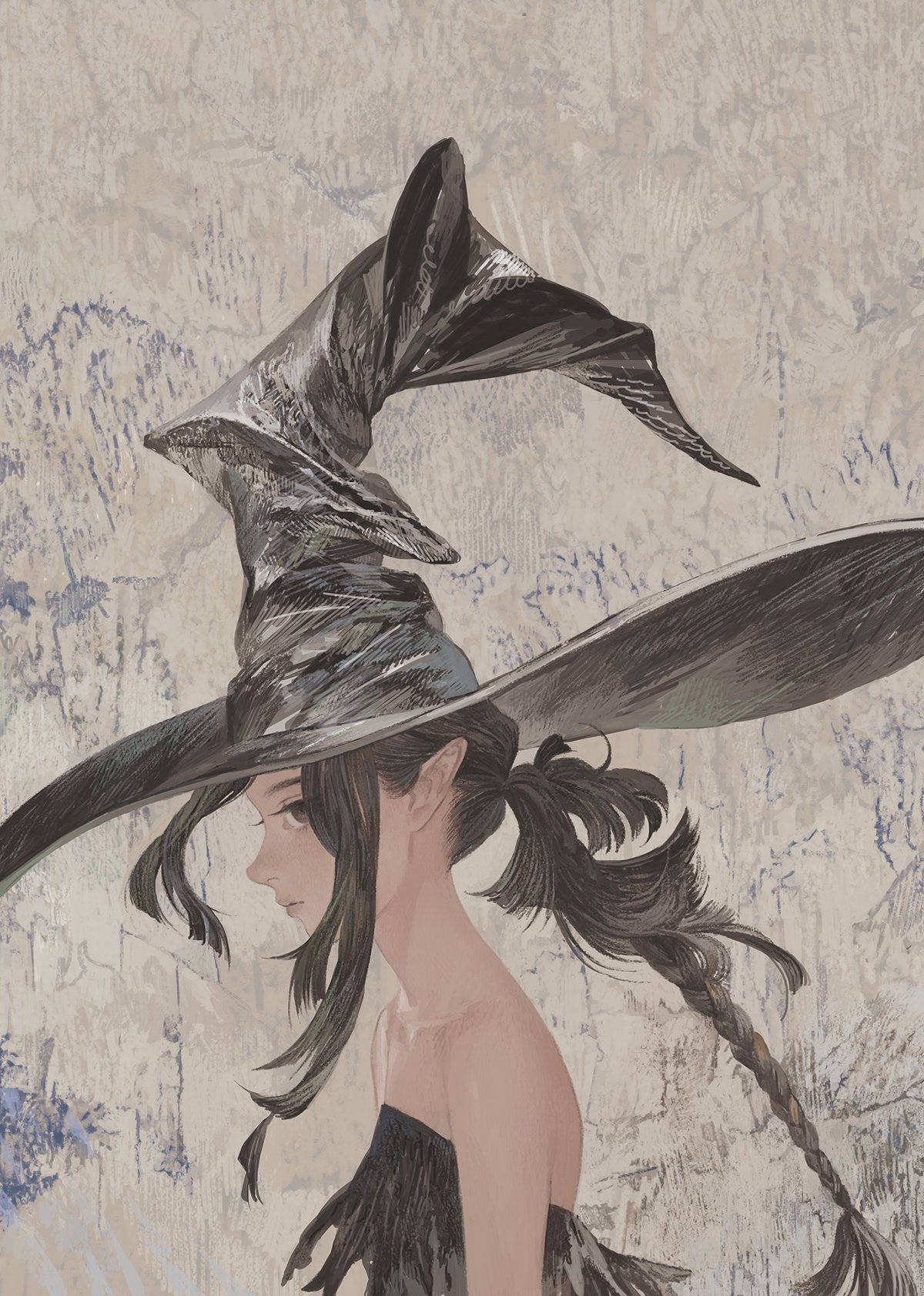 1girl bare_shoulders big_hat black_dress black_eyes black_hair black_hat braid closed_mouth commentary_request dress from_side hat highres looking_at_viewer looking_to_the_side matayoshi original pointy_ears ponytail single_braid solo upper_body