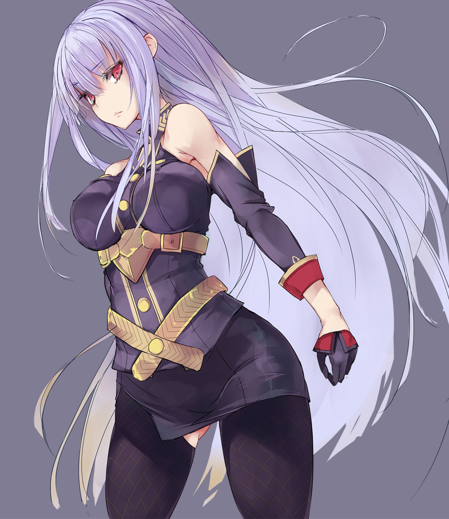 1girl bangs bare_shoulders breasts commentary_request detached_sleeves erect_nipples gloves grey_background hair_between_eyes large_breasts leggings long_hair looking_at_viewer military military_uniform minchi_(lordofthemince) red_eyes selvaria_bles senjou_no_valkyria senjou_no_valkyria_1 sidelocks silver_hair sleeves_rolled_up solo standing underbust uniform very_long_hair wide_hips