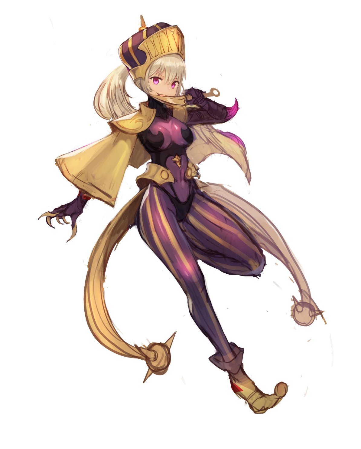 1girl bodysuit breasts claws commentary_request copyright_request full_body grey_hair hat highres holding korean_commentary long_sleeves looking_at_viewer medium_breasts purple_bodysuit simple_background sketch smile solo sookmo violet_eyes white_background wide_sleeves