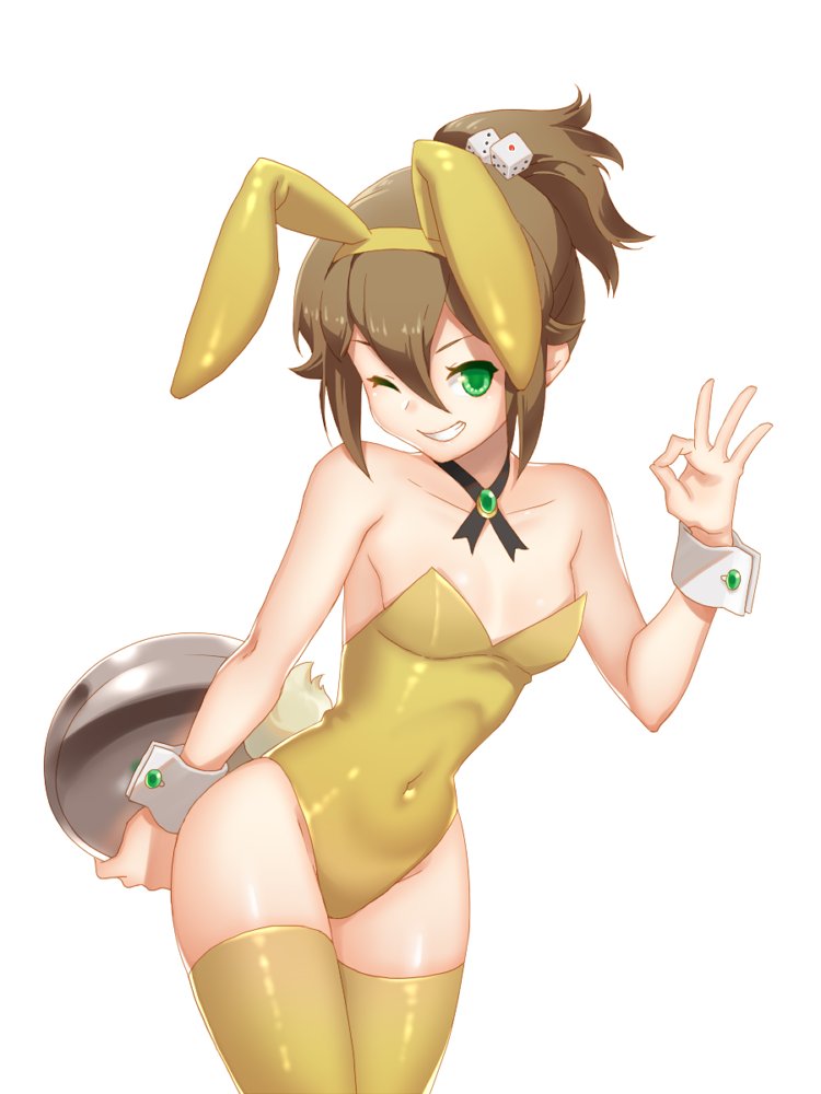 1girl animal_ears brown_hair bunny_girl bunny_tail bunnysuit covered_navel detached_collar esaka fake_animal_ears green_eyes jewelry leotard long_hair necklace octopath_traveler ok_sign one_eye_closed rabbit_ears short_hair simple_background smile solo strapless strapless_leotard tail thigh_highs tressa_(octopath_traveler) wrist_cuffs