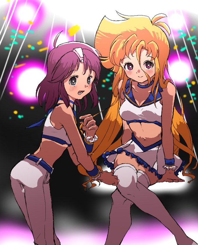 2girls ahoge arm_support bangs bare_arms bare_shoulders blonde_hair blush bracelet breasts character_request choker closed_mouth commentary_request eyebrows_visible_through_hair female frilled_skirt frills grey_eyes jewelry leaning_forward legs_crossed long_hair looking_at_viewer looking_back marty_(rockman_x) medium_breasts midriff miniskirt multiple_girls navel open_mouth pachakoucy pants purple_hair rockman rockman_x rockman_x_(manga) short_hair skirt spotlight thigh-highs white_legwear white_pants white_skirt zettai_ryouiki