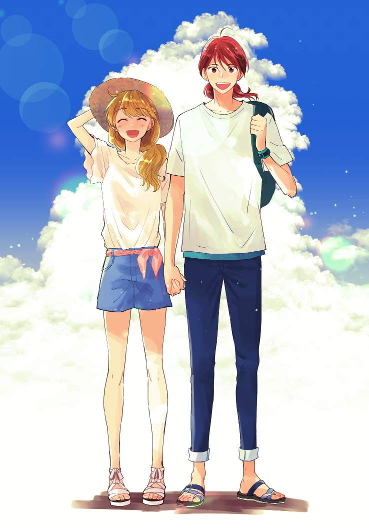 1boy 1girl ahoge bag blonde_hair bobosuke casual closed_eyes clouds fortune_quest hand_holding hat open_mouth pastel_g._king ponytail red_eyes redhead sandals short_sleeves smile summer sun_hat trapp_(fortune_quest)