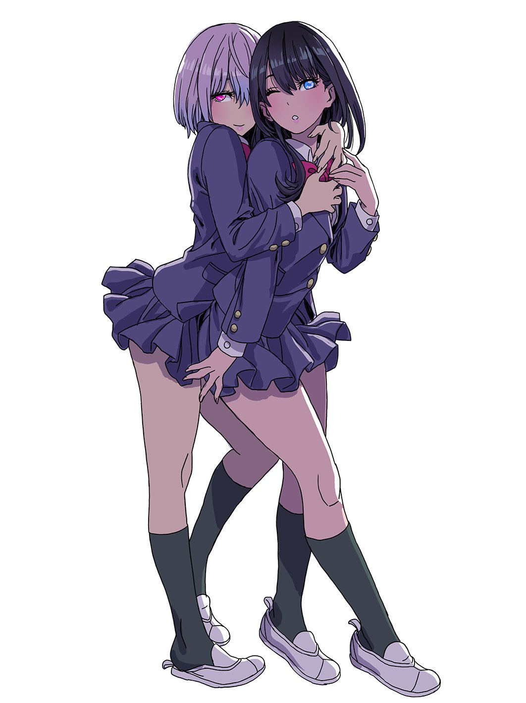 2girls bangs black_hair black_legwear blazer blue_eyes bow bowtie buttons closed_mouth commentary_request fingernails full_body highres hug hug_from_behind jacket long_hair long_sleeves looking_at_viewer multiple_girls one_eye_closed parted_lips pleated_skirt purple_hair school_uniform shinjou_akane shiny shiny_hair shoes short_hair simple_background skirt smile socks ssss.gridman takarada_rikka uwabaki violet_eyes yamashita_shun'ya yuri