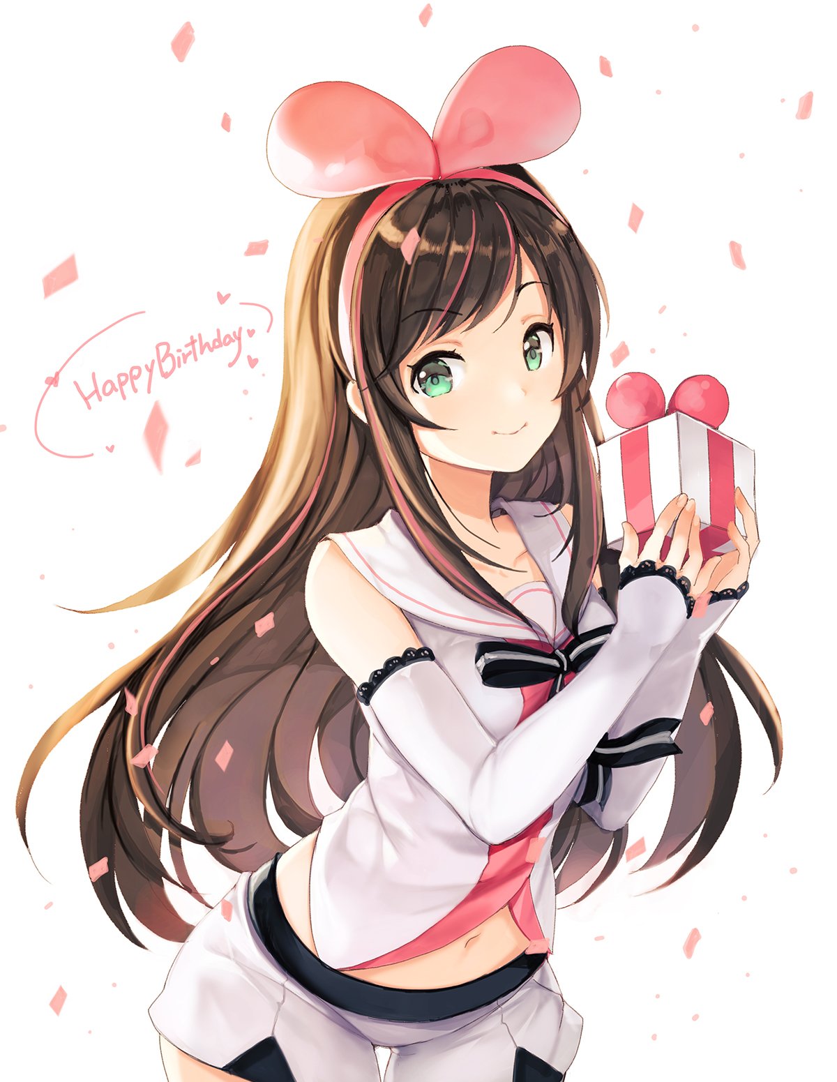 1girl a.i._channel bangs bare_shoulders bow brown_hair closed_mouth commentary_request cowboy_shot detached_sleeves english eyebrows_visible_through_hair gift hair_bow hairband happy_birthday highres holding kizuna_ai long_hair long_sleeves looking_at_viewer multicolored_hair navel pink_bow sailor_collar short_shorts shorts sibyl smile solo streaked_hair swept_bangs white_sailor_collar white_shorts