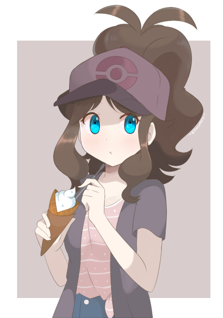 1girl alternate_costume aqua_eyes baseball_cap border brown_hair chocomiru commentary creatures_(company) english_commentary eyebrows_visible_through_hair food_request game_freak hat high_ponytail holding long_hair looking_at_viewer nintendo outside_border poke_ball_print pokemon pokemon_(game) pokemon_bw print_hat raised_eyebrows short_sleeves sidelocks sketch_eyebrows solo touko_(pokemon) white_border