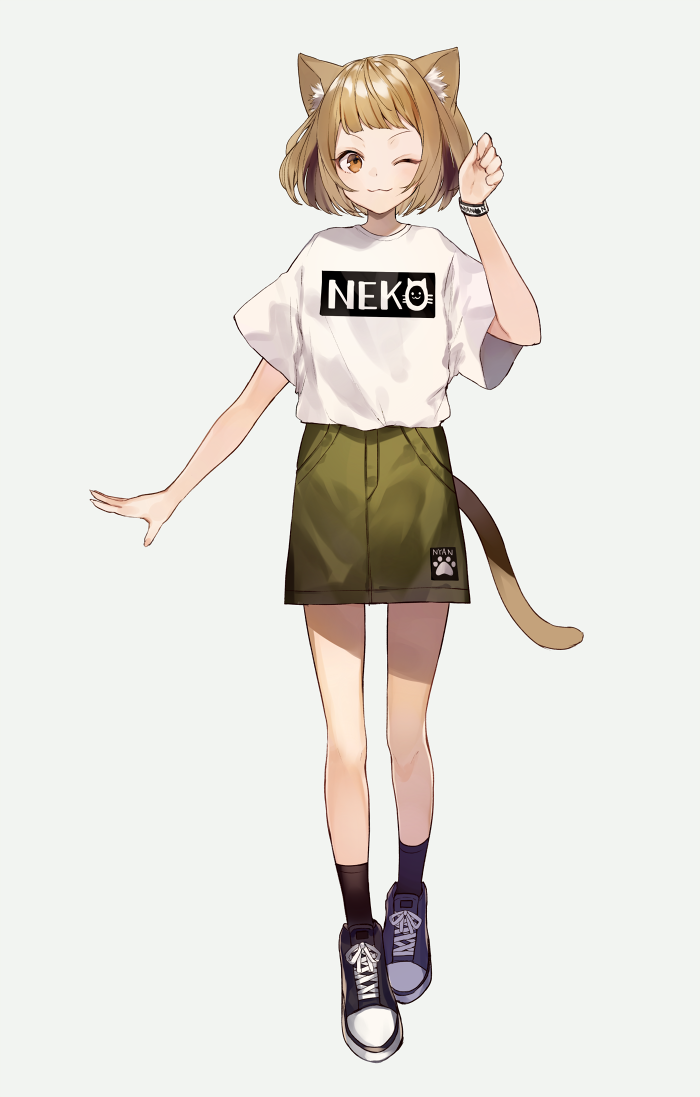 1girl ;3 animal_ear_fluff animal_ears arm_at_side black_footwear black_legwear blush bob_cut brown_eyes brown_hair cat_ears cat_tail clothes_writing drill_hair full_body green_skirt grey_background hand_up kneehighs looking_at_viewer medium_skirt original shiny shiny_hair shirt shirt_tucked_in shoes short_hair short_sleeves shugao simple_background skirt sneakers solo standing tail v-shaped_eyebrows white_shirt wristband