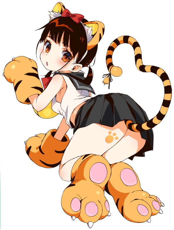 1girl all_fours animal_ears arm_up ass bell black_skirt bow brown_eyes brown_hair fake_animal_ears from_behind gloves hair_bow hairband jingle_bell kuromoto-kun_(rina_masimaro) looking_back midriff open_mouth original paw_gloves paw_pose paw_shoes paws ribbon shirt shoes short_hair short_twintails simple_background skirt sleeveless sleeveless_shirt solo tail tail_ornament thighs tiger_ears tiger_tail twintails white_background white_shirt