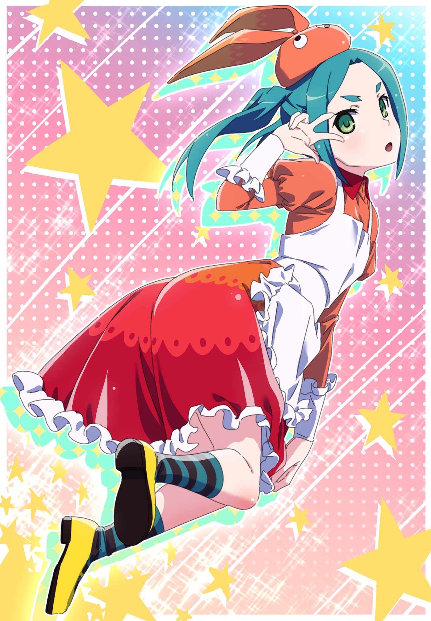 1girl :o animal_hat apron aqua_hair dress floating_hair frilled_apron frilled_dress frills full_body green_eyes hat head_tilt highres long_hair looking_at_viewer monogatari_(series) ononoki_yotsugi orange_dress orange_hat pink_x red_dress solo striped striped_legwear tsukimonogatari twintails two-tone_dress two-tone_legwear w_over_eye white_apron yellow_footwear