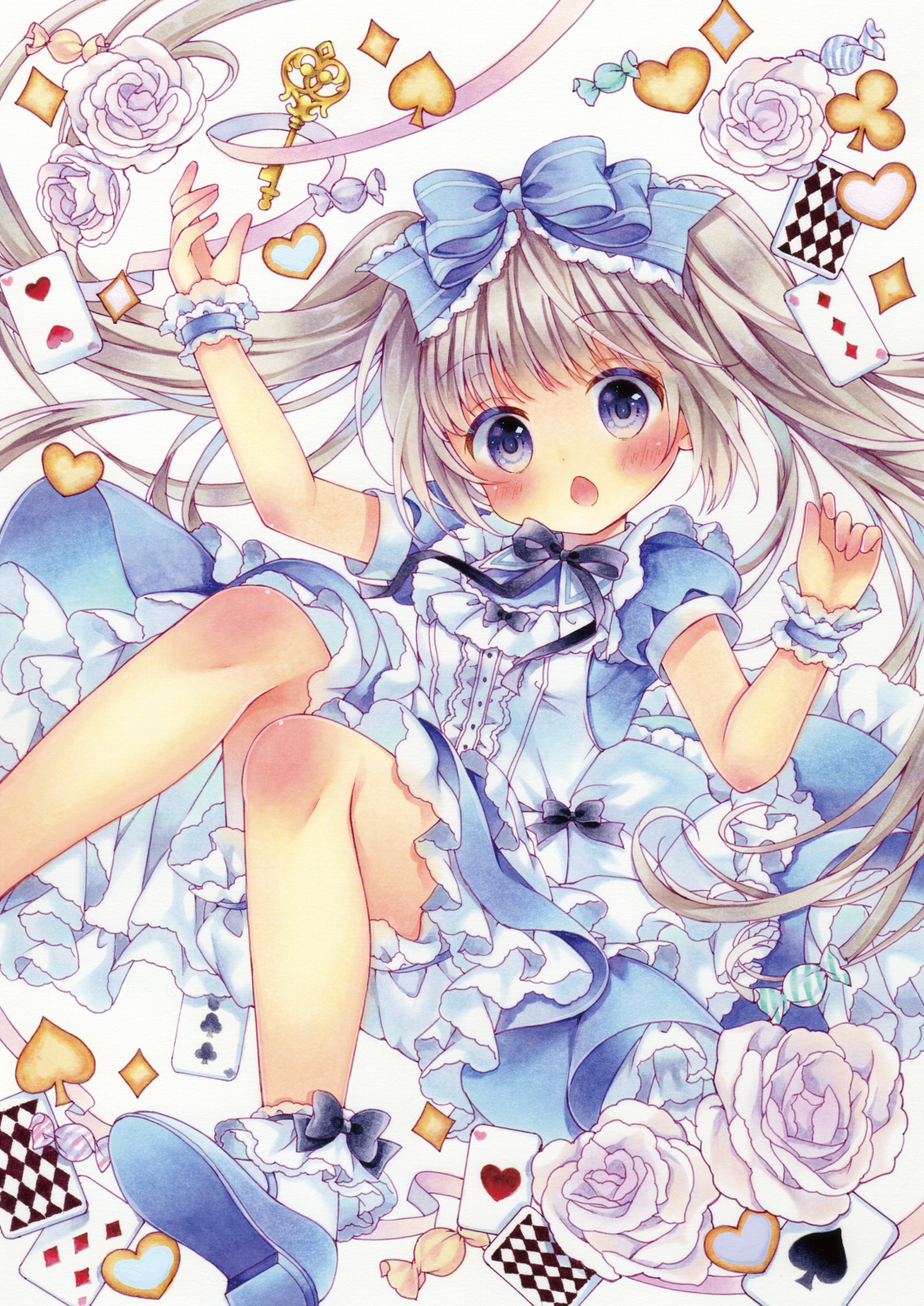 1girl ace_of_hearts apron arm_up bangs black_bow black_ribbon bloomers blue_bow blue_dress blue_footwear blush bobby_socks bow brown_hair candy_wrapper card center_frills club_(shape) diamond_(shape) dress eyebrows_visible_through_hair floating_hair flower frilled_apron frills grey_background hair_bow hand_up head_tilt heart highres key long_hair looking_at_viewer marker_(medium) neck_ribbon open_mouth original playing_card puffy_short_sleeves puffy_sleeves puu_(kari---ume) ribbon rose shoes short_sleeves sidelocks socks solo spade_(shape) striped striped_bow traditional_media twintails underwear very_long_hair violet_eyes white_apron white_bloomers white_flower white_legwear white_rose