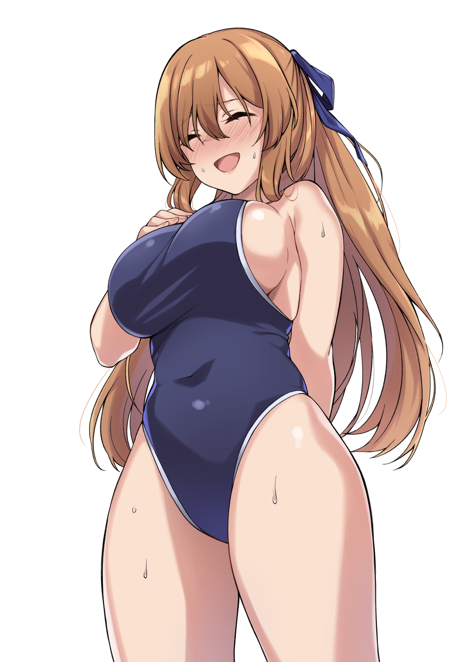 1girl alternate_costume bangs blue_ribbon blue_swimsuit blush bow breasts brown_hair casual_one-piece_swimsuit closed_eyes collarbone competition_school_swimsuit covered_navel eyebrows_visible_through_hair from_below girls_frontline hair_between_eyes hair_bow hair_ribbon highres large_breasts long_hair m1903_springfield_(girls_frontline) one-piece_swimsuit open_mouth ponytail ribbon shiny shiny_skin sideboob sidelocks solo spicy_moo swimsuit
