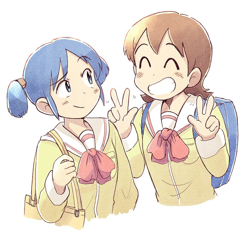 2girls ^_^ aioi_yuuko backpack bag blue_eyes blue_hair blush brown_hair closed_eyes closed_eyes closed_mouth double_v eyebrows_visible_through_hair facing_another grin looking_at_another multiple_girls naganohara_mio nichijou parted_lips school_uniform short_hair short_twintails smile teeth tsubobot twintails v