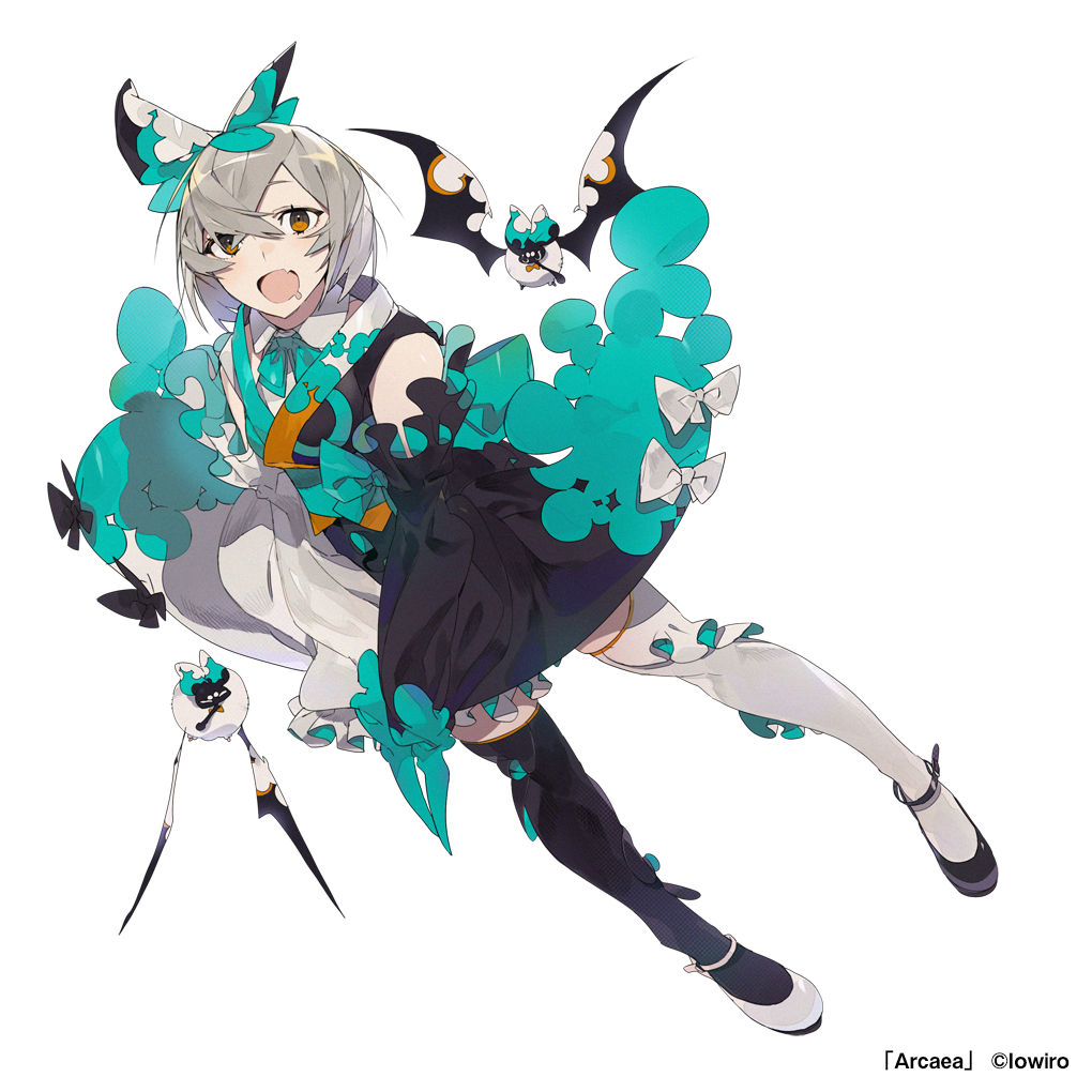 :o aqua_neckwear arcaea bat black_footwear black_legwear bow brown_eyes detached_sleeves full_body grey_hair hair_bow mismatched_footwear mismatched_legwear official_art short_hair sowichi thigh-highs white_background white_bow white_footwear white_legwear wide_sleeves