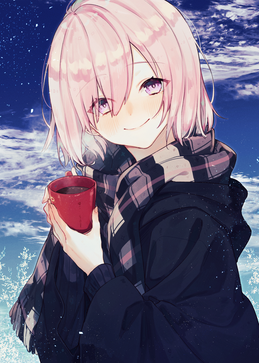 1girl blue_skirt blush clouds coat cup fate/grand_order fate_(series) highres looking_at_viewer mash_kyrielight outdoors purple_hair scarf short_hair skirt smile solo steam violet_eyes winter_clothes winter_coat yuno_tsuitta