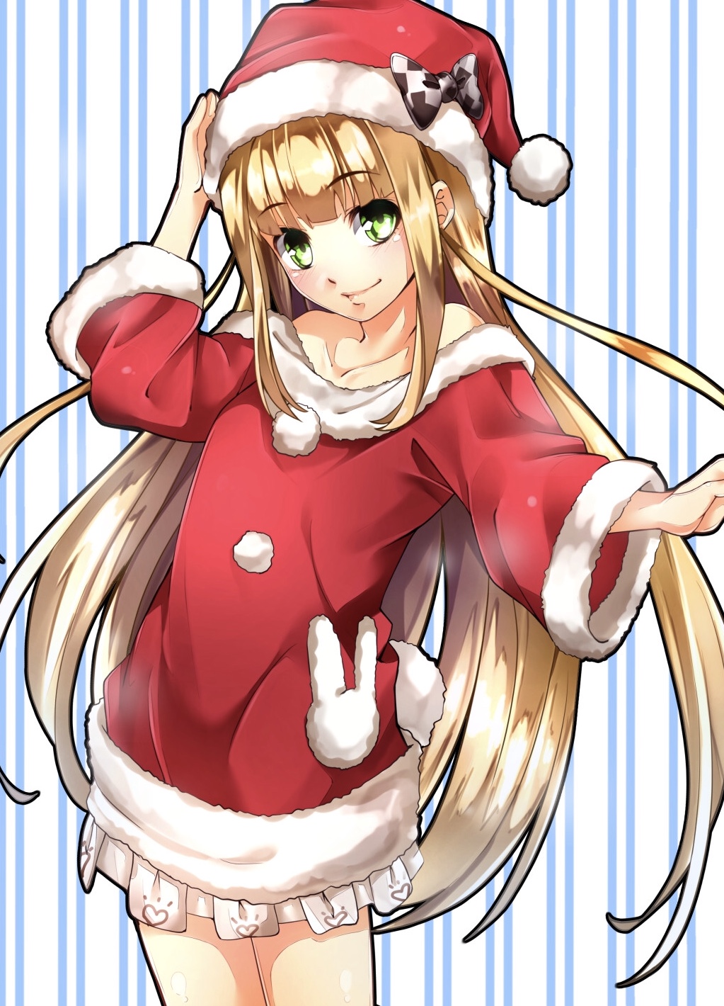 1girl bare_shoulders blonde_hair blush bow closed_mouth collarbone commentary cowboy_shot eyebrows_visible_through_hair green_eyes hat hat_bow highres imo_(evekelu-111) long_hair looking_at_viewer mononobe_alice nijisanji pom_pom_(clothes) santa_costume santa_hat short_sleeves skirt smile solo standing very_long_hair virtual_youtuber wide_sleeves