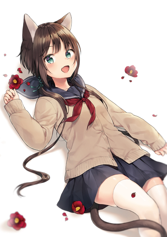 1girl :d animal_ears arm_at_side bangs blue_sailor_collar blue_skirt blurry brown_cardigan brown_hair buttons cat_ears cat_girl cat_tail collarbone commentary_request depth_of_field eyebrows_visible_through_hair fang feet_out_of_frame flower green_eyes green_ribbon hair_ribbon hand_up knee_up long_hair long_sleeves looking_at_viewer low_twintails lying midorikawa_you miniskirt neckerchief on_back open_mouth original pleated_skirt red_flower red_neckwear ribbon rose sailor_collar school_uniform sidelocks simple_background skirt sleeves_past_wrists smile solo tail thigh-highs twintails white_background white_legwear zettai_ryouiki