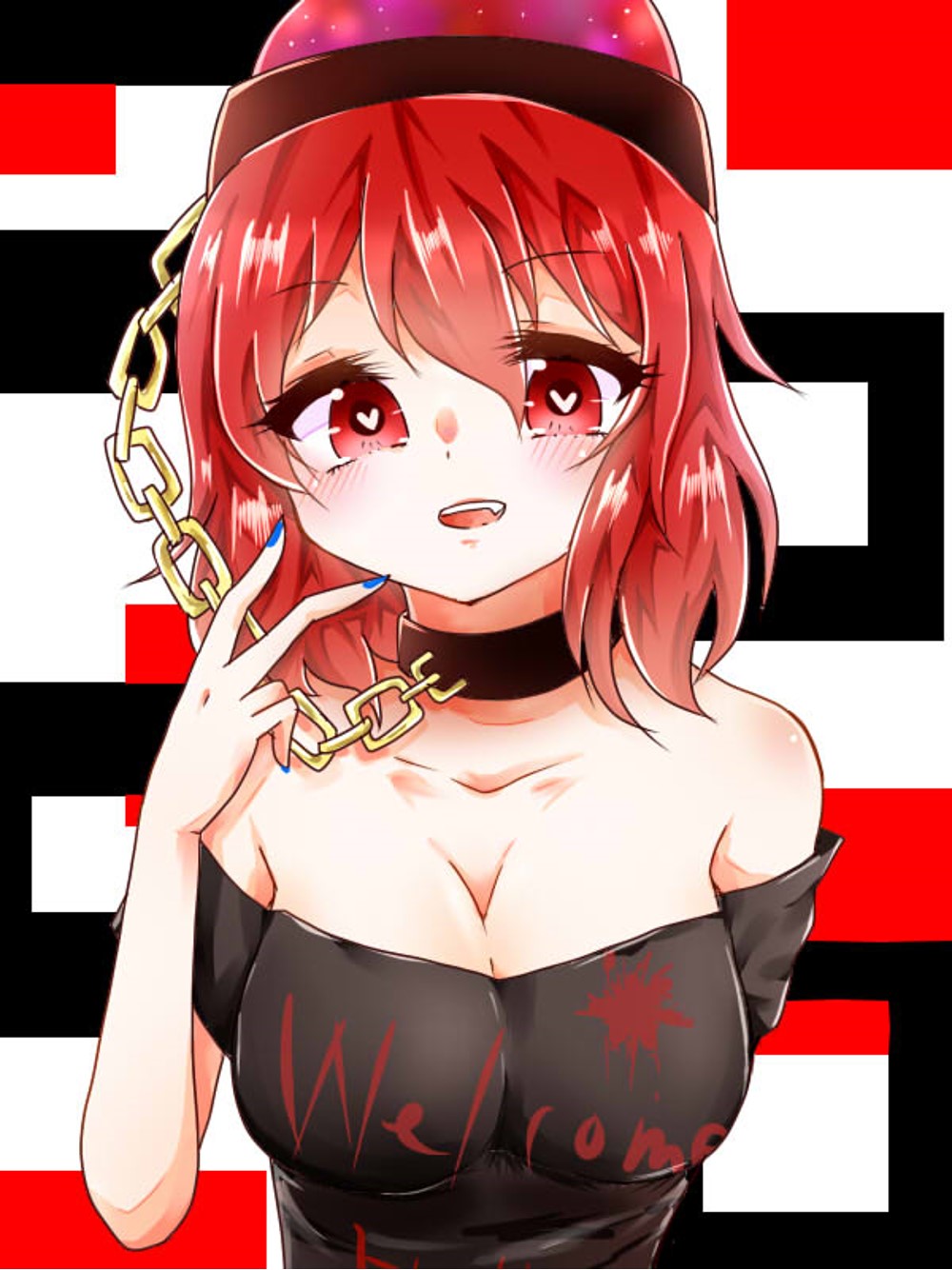 1girl 6nichirai6 bare_shoulders blue_nails blush breasts chain chains choker cleavage collarbone commentary_request eyebrows_visible_through_hair finger_to_face gold_chain heart heart-shaped_pupils hecatia_lapislazuli highres looking_at_viewer medium_breasts nail_polish off-shoulder_shirt polos_crown red_eyes redhead shirt smile solo symbol-shaped_pupils touhou upper_body