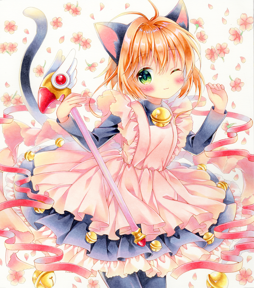 1girl ;3 animal_ear_fluff animal_ears antenna_hair apron bangs bell black_dress black_legwear blush card_captor_sakura cat_ears cat_girl cat_tail closed_mouth commentary dress eyebrows_visible_through_hair flower fuuin_no_tsue green_eyes grey_background hair_between_eyes hair_intakes hands_up highres holding holding_wand jingle_bell kinomoto_sakura light_brown_hair long_hair long_sleeves looking_at_viewer marker_(medium) one_eye_closed pantyhose petals pink_apron pleated_dress puu_(kari---ume) red_flower red_ribbon ribbon solo symbol_commentary tail tail_raised traditional_media wand