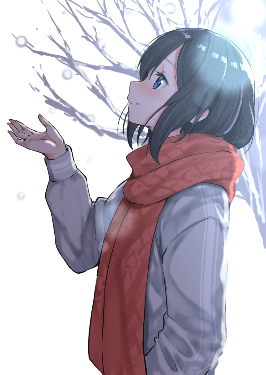 1girl bangs bare_tree black_hair blue_eyes blush brown_scarf closed_mouth commentary_request eyebrows_visible_through_hair grey_shirt hair_between_eyes hand_up head_tilt highres original profile scarf shirt simple_background smile snowing solo suzunari_shizuku tree upper_body white_background yuki_arare