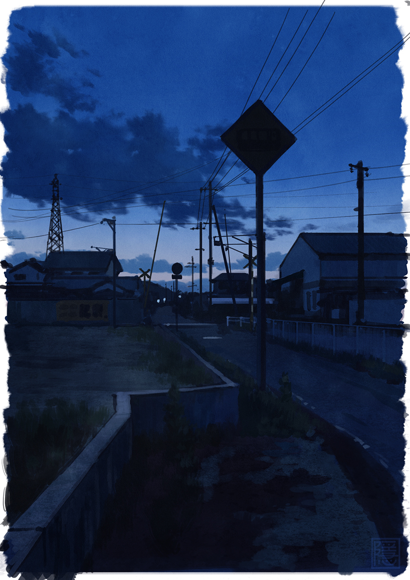 blue_sky building clouds fence no_humans original outdoors power_lines road road_sign scenery sign sky twilight yk_funa