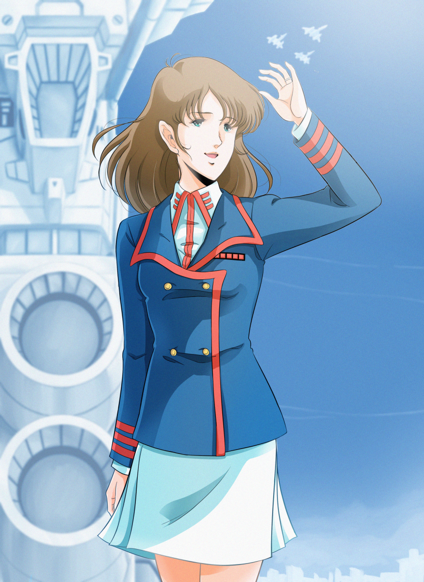 1girl 80s blue_eyes blue_sky brown_hair cityscape clouds commentary flying hayase_misa highres long_hair macross macross_flashback_2012 mecha military military_uniform officer official_style oldschool science_fiction sdf-2_megaroad-01 skirt sky space_craft u.n._spacy uniform variable_fighter vf-4 waeba_yuusee waving_arm