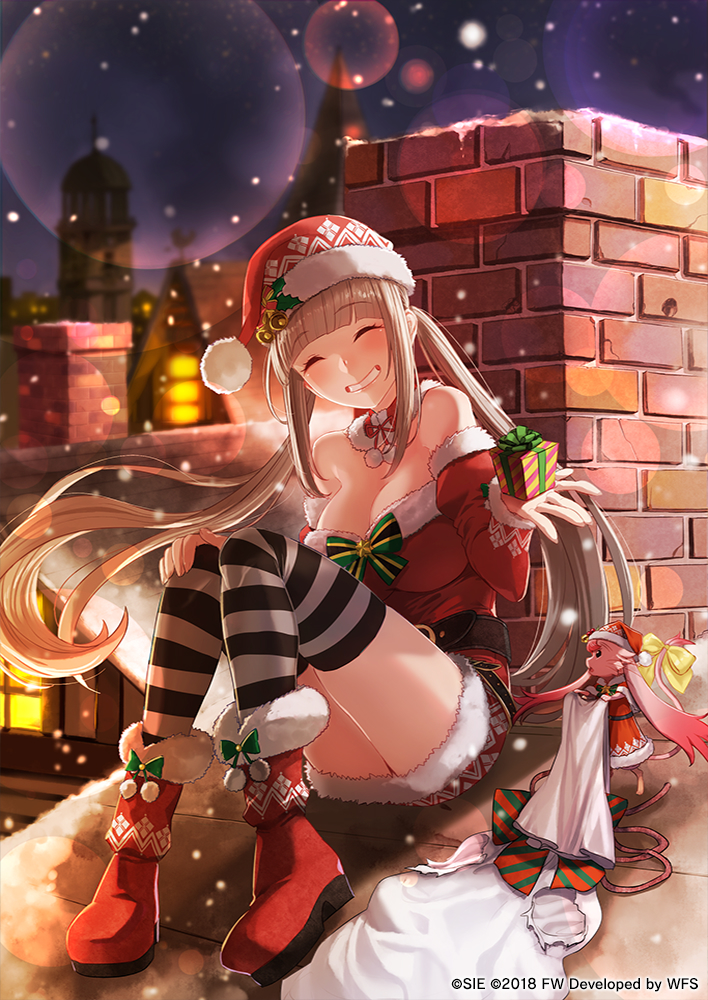 1girl ^_^ bare_shoulders blonde_hair blush boots box breasts chimney cleavage closed_eyes closed_eyes eyebrows_visible_through_hair gift gift_box grin hinomoto_madoka large_breasts long_hair night outdoors sack santa_costume sitting sky smile snowing star_(sky) starry_sky striped striped_legwear thigh-highs twintails very_long_hair wild_arms:_million_memories