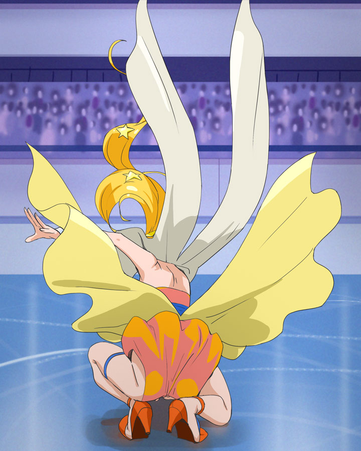 1girl ass blonde_hair cure_etoile from_behind hair_ornament haruyama_kazunori hugtto!_precure kagayaki_homare long_hair magical_girl orange_footwear outstretched_arm ponytail precure solo squatting star star_hair_ornament