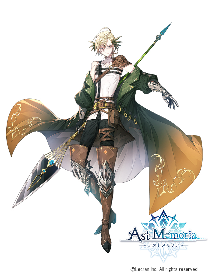 1boy ast_memoria belt blonde_hair boots brown_footwear cape covered_navel full_body gauntlets green_cape holding holding_spear holding_weapon knee_boots looking_at_viewer male_focus mura_karuki official_art polearm pouch shirt skinny spear watermark weapon white_background white_shirt