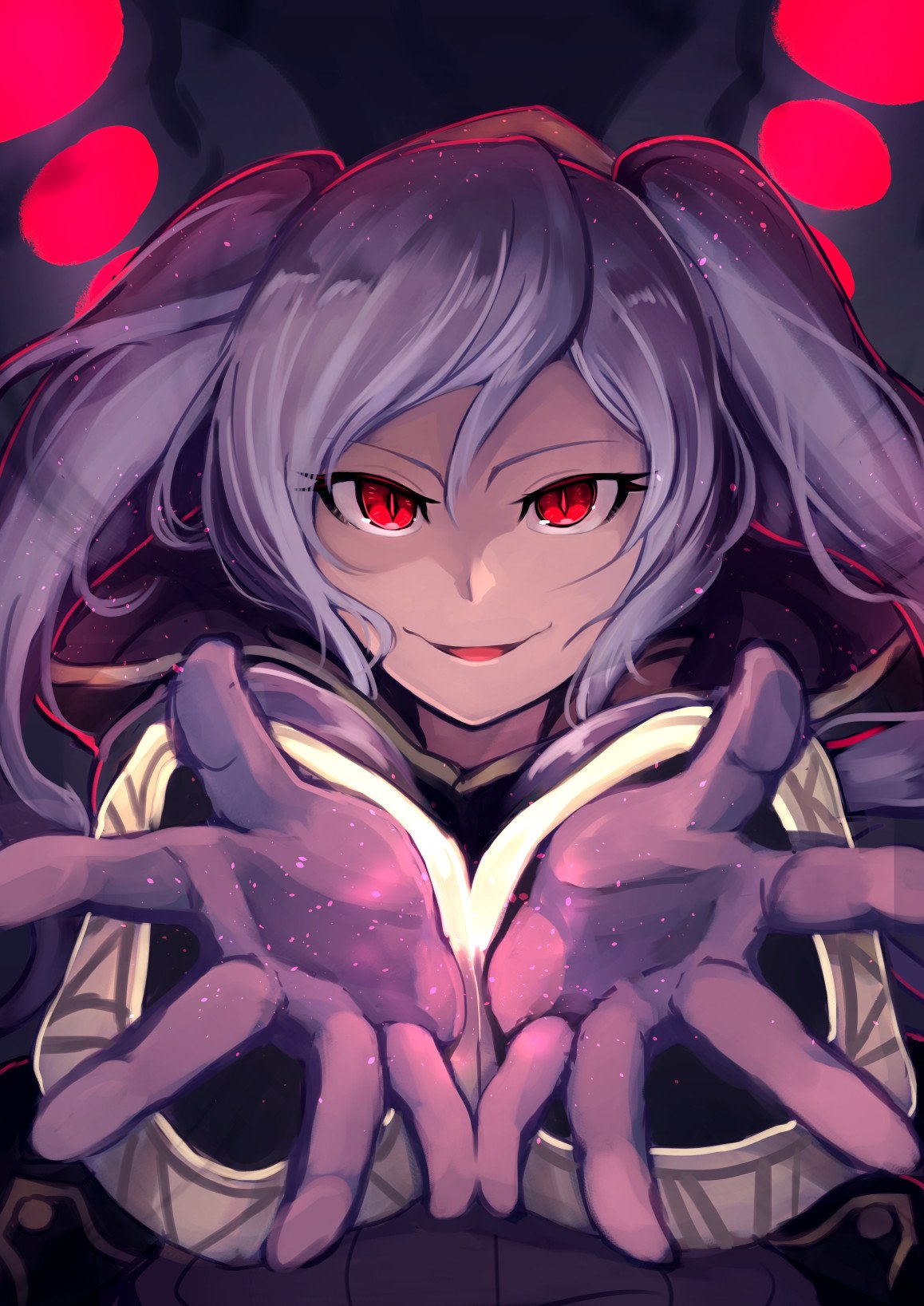 1girl cape dark_persona evil_smile female_my_unit_(fire_emblem:_kakusei) fire_emblem fire_emblem:_kakusei fire_emblem_heroes gimurei gloves highres hood long_hair looking_at_viewer my_unit_(fire_emblem:_kakusei) nakabayashi_zun nintendo red_eyes robe smile solo twintails white_hair