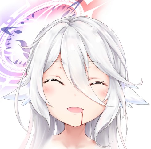 1girl blood closed_eyes halo ikasoke_(likerm6au) long_hair lowres magic_circle no_game_no_life open_mouth silver_hair smile solo wing_ears