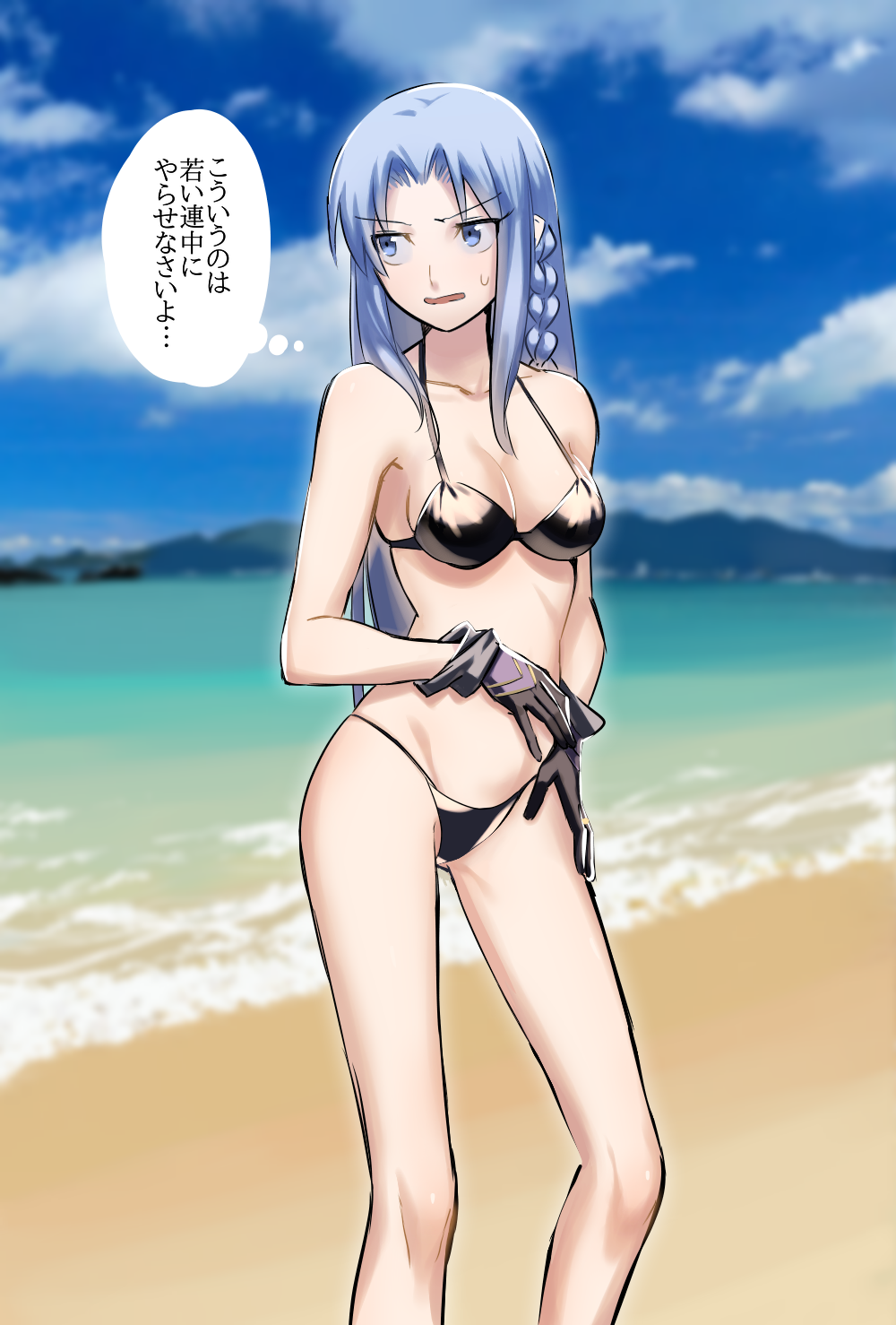 1girl beach bikini black_bikini black_gloves blue_eyes blue_hair blue_sky blurry blurry_background braid breasts caster cleavage clouds collarbone day eyebrows_visible_through_hair fate/stay_night fate_(series) gloves halterneck highres korikorikori long_hair looking_to_the_side medea_(fate)_(all) medium_breasts open_mouth outdoors sideboob single_braid sky solo speech_bubble sweatdrop swimsuit very_long_hair