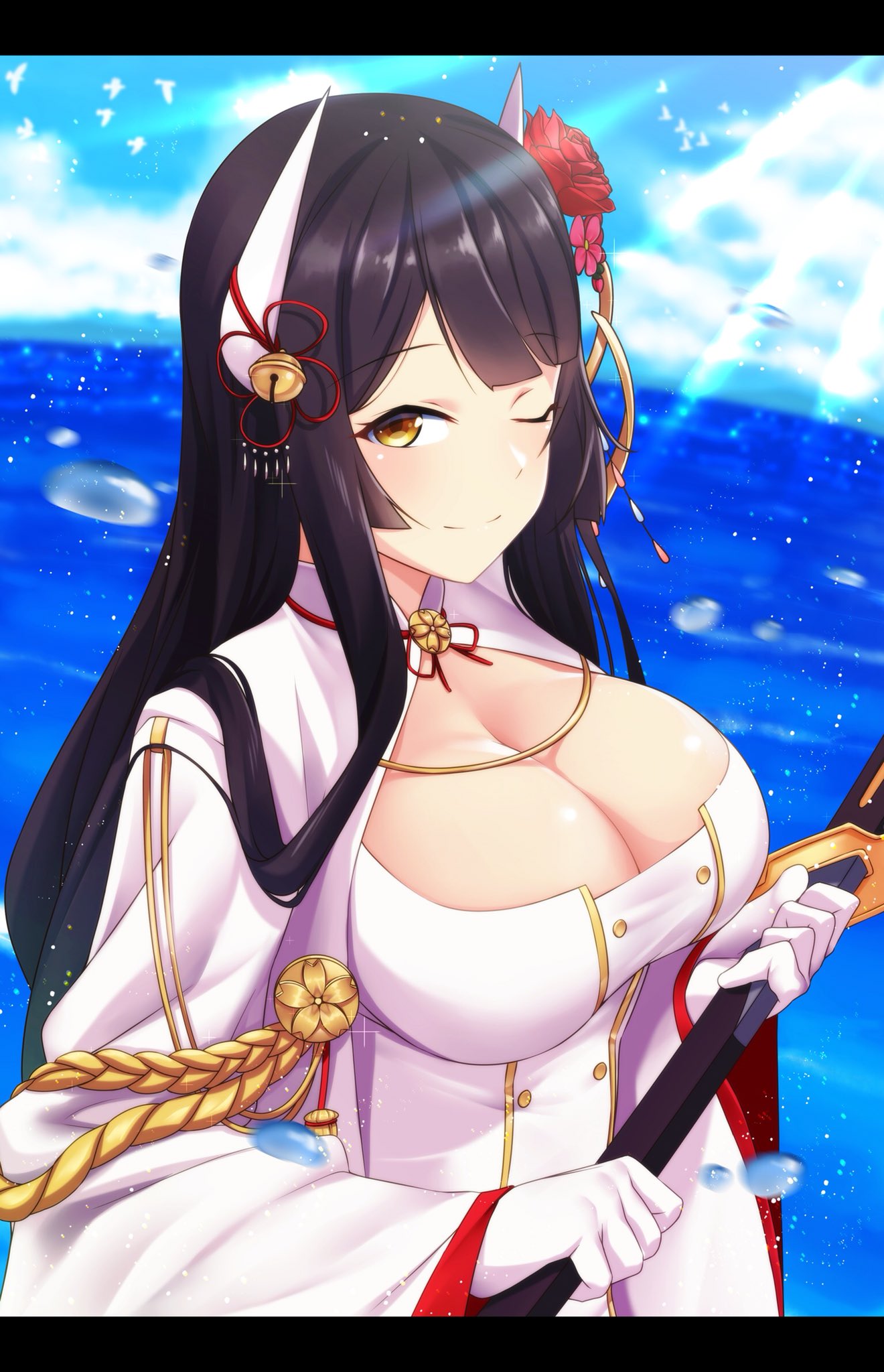 1girl azur_lane bangs black_hair breasts cleavage_cutout clouds commentary_request day flower gloves hair_ornament hiei_(azur_lane) highres holding holding_sword holding_weapon horns kagiyama_(gen'ei_no_hasha) katana large_breasts long_hair looking_at_viewer ocean one_eye_closed outdoors red_flower red_rose rose sky solo sunlight sword water weapon white_gloves wide_sleeves yellow_eyes