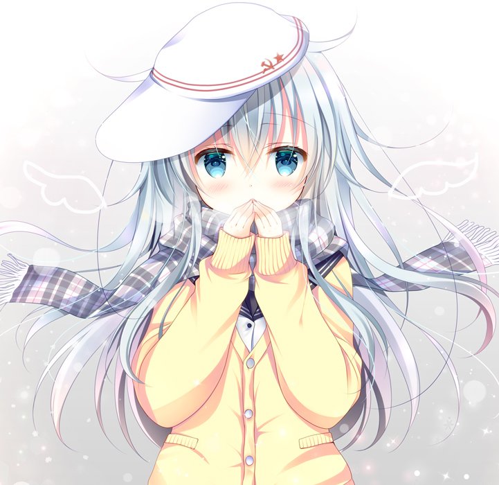 1girl bangs black_sailor_collar blue_eyes blue_hair blush breath breathing_on_hands cardigan commentary_request eyebrows_visible_through_hair flat_cap fringe_trim gradient_hair hair_between_eyes hammer_and_sickle hands_up hat hibiki_(kantai_collection) kantai_collection long_hair long_sleeves looking_at_viewer multicolored_hair parted_lips plaid plaid_scarf purple_scarf sailor_collar scarf school_uniform serafuku shirogane_hina shirt sideways_hat silver_hair sleeves_past_wrists solo star upper_body verniy_(kantai_collection) very_long_hair white_hat white_shirt yellow_cardigan