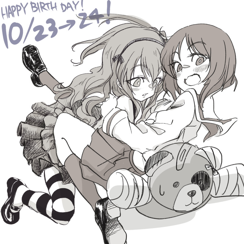 2girls bandage bandaid bangs black_footwear black_ribbon blouse blush boko_(girls_und_panzer) casual collared_shirt commentary dated english eyebrows_visible_through_hair falling frown girls_und_panzer greyscale hair_ribbon happy_birthday high-waist_skirt layered_skirt loafers long_hair looking_at_viewer looking_back miniskirt mituki_(mitukiiro) monochrome multiple_girls neckerchief nishizumi_miho ooarai_school_uniform open_mouth pleated_skirt ribbon school_uniform serafuku shimada_arisu shirt shoes short_hair side_ponytail skirt socks striped striped_legwear stuffed_animal stuffed_toy suspender_skirt suspenders sweatdrop teddy_bear thigh-highs wavy_mouth