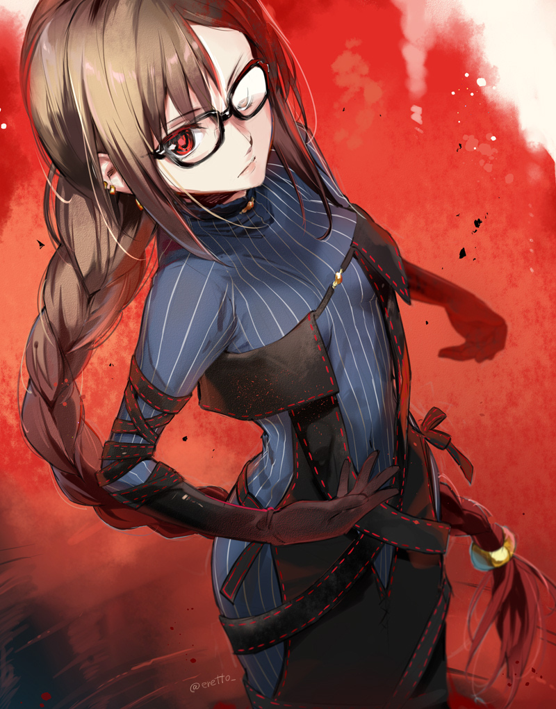 1girl bangs black_dress braid breasts brown_hair center_opening consort_yu_(fate) dress eretto fate/grand_order fate_(series) glasses long_hair looking_at_viewer red_eyes single_braid solo sweater very_long_hair