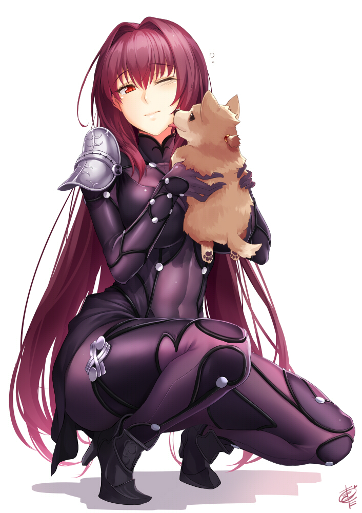 1girl 3; armor bodysuit breasts commentary covered_navel dog eyebrows_visible_through_hair fate/grand_order fate_(series) full_body hair_between_eyes hair_intakes high_heels holding large_breasts long_hair okitakung one_eye_closed pauldrons puppy purple_bodysuit purple_hair red_eyes scathach_(fate)_(all) scathach_(fate/grand_order) shadow simple_background solo squatting very_long_hair white_background