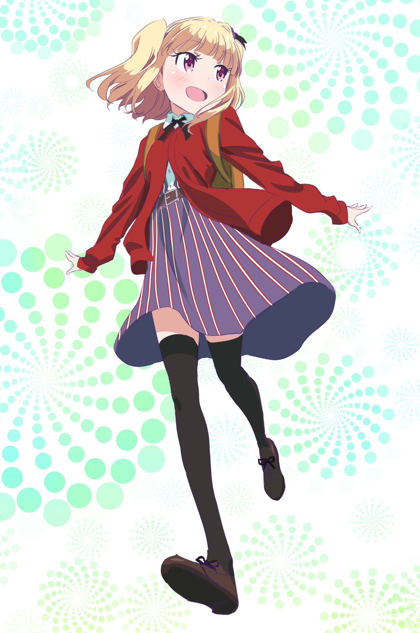 1girl backpack bag black_legwear black_ribbon blonde_hair brown_footwear dress_shirt floating_hair from_below full_body hair_ornament head_tilt highres iijima_yun jacket leg_up looking_away neck_ribbon new_game! open_clothes open_jacket open_mouth pink_x purple_skirt red_eyes red_jacket ribbon shirt shoes skirt solo standing standing_on_one_leg striped thigh-highs vertical-striped_skirt vertical_stripes white_shirt