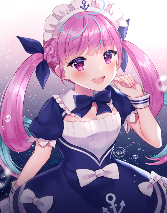 1girl :d anchor_symbol arm_at_side bangs black_dress black_neckwear blue_hair blush bow bowtie braid breasts bubble cleavage commentary_request dress eyebrows_visible_through_hair gradient gradient_background hand_up hololive long_hair looking_at_viewer maid maid_headdress medium_breasts minato_aqua multicolored_hair naomi_(fantasia) open_mouth pink_hair puffy_short_sleeves puffy_sleeves short_sleeves sidelocks signature smile solo streaked_hair twintails two-tone_hair upper_body upper_teeth violet_eyes wrist_cuffs