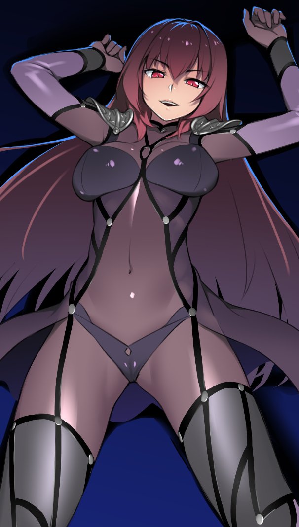 &gt;:d 1girl :d arms_up bangs blue_background bodysuit breasts commentary_request covered_navel covered_nipples eyebrows_visible_through_hair fate/grand_order fate_(series) female from_above gradient gradient_background h_kasei hair_between_eyes highres large_breasts long_hair looking_at_viewer lying naughty_face on_back open_mouth purple_bodysuit purple_hair red_eyes round_teeth scathach_(fate)_(all) scathach_(fate/grand_order) shadow shoulder_armor smile solo spaulders teeth type-moon upper_teeth very_long_hair