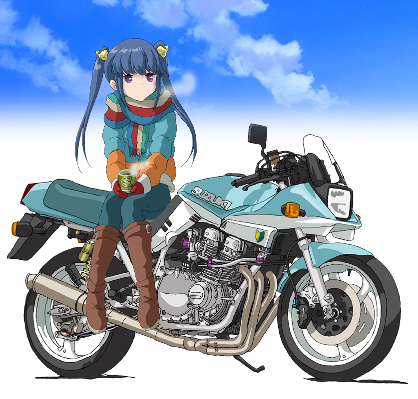 1girl alternate_hairstyle bakuon!! bell blue_hair boots breath coffee_mug commentary cup ground_vehicle hair_bell hair_ornament hal-py jacket motor_vehicle motorcycle mug scarf shima_rin shoshinsha_mark sitting sky solo steam suzuki_(company) suzuki_katana suzunoki_rin twintails violet_eyes yurucamp