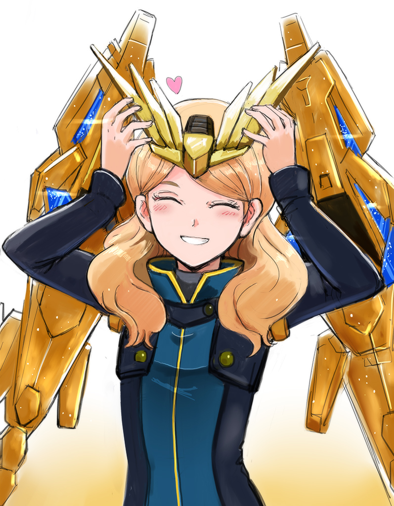 1girl blonde_hair blush closed_eyes commentary_request gacha-m grin gundam gundam_narrative headgear heart long_hair long_sleeves mecha_musume rita_bernal shield smile solo unicorn_gundam_phenex wings