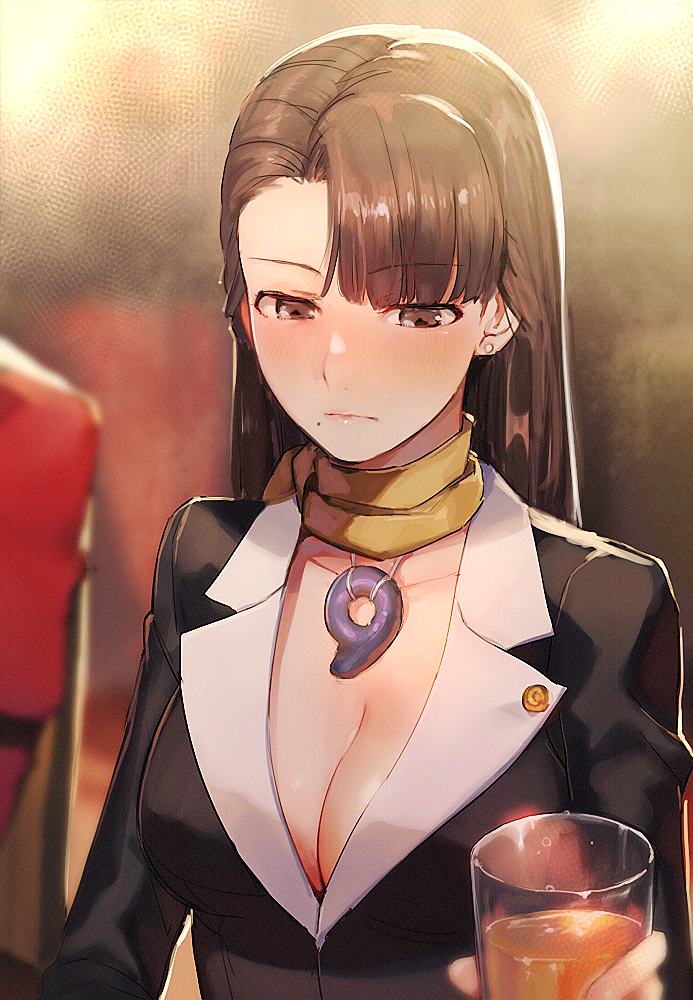 1girl alcohol aoki_(fumomo) ayasato_chihiro bangs breasts brown_eyes brown_hair cleavage closed_mouth cup earrings eyebrows_visible_through_hair formal glass gyakuten_saiban holding holding_cup jewelry large_breasts long_hair mole mole_under_mouth necklace office_lady scarf skirt_suit suit yellow_scarf