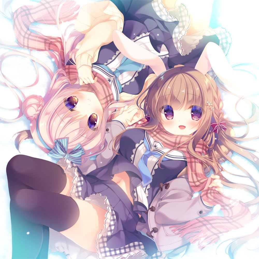 2girls :d animal_ears bangs blue_bow blue_hairband blue_neckwear blue_shirt blue_skirt blush bow braid breasts brown_coat brown_hair brown_legwear cardigan closed_mouth coat commentary_request double_bun eyebrows_visible_through_hair fringe_trim hair_between_eyes hair_bow hair_ornament hairband hand_holding head_tilt interlocked_fingers long_hair long_sleeves looking_at_viewer medium_breasts multiple_girls navel open_cardigan open_clothes open_coat open_mouth original pink_hair plaid plaid_scarf pleated_skirt rabbit_ears red_bow red_eyes red_scarf scarf shirt side_bun skirt sleeves_past_wrists smile snowflake_hair_ornament striped striped_bow thigh-highs very_long_hair yellow_cardigan yukie_(peach_candy)