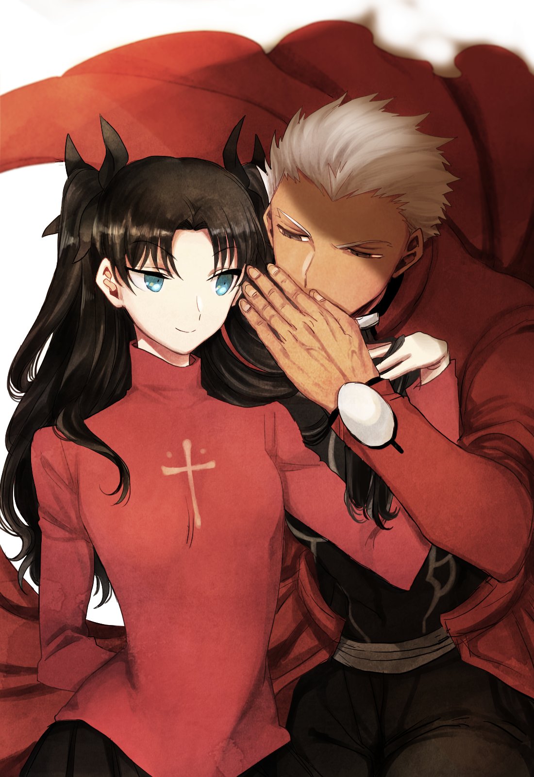 1boy 1girl archer bangs black_bow black_hair black_pants black_skirt blue_eyes blurry blurry_background bow closed_mouth coat depth_of_field eyebrows_visible_through_hair fate/stay_night fate_(series) fingernails hair_bow highres latin_cross long_sleeves pants parted_bangs pleated_skirt red_coat red_shirt shirt skirt smile takashi_(onikukku) tohsaka_rin two_side_up whispering white_background
