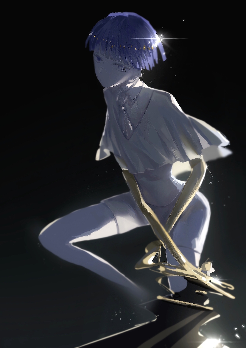 1other androgynous bangs blue_eyes blue_hair blunt_bangs crystal_hair gold golden_arms heterochromia houseki_no_kuni looking_at_viewer necktie phosphophyllite phosphophyllite_(ll) short_hair solo spoilers white_eyes white_skin