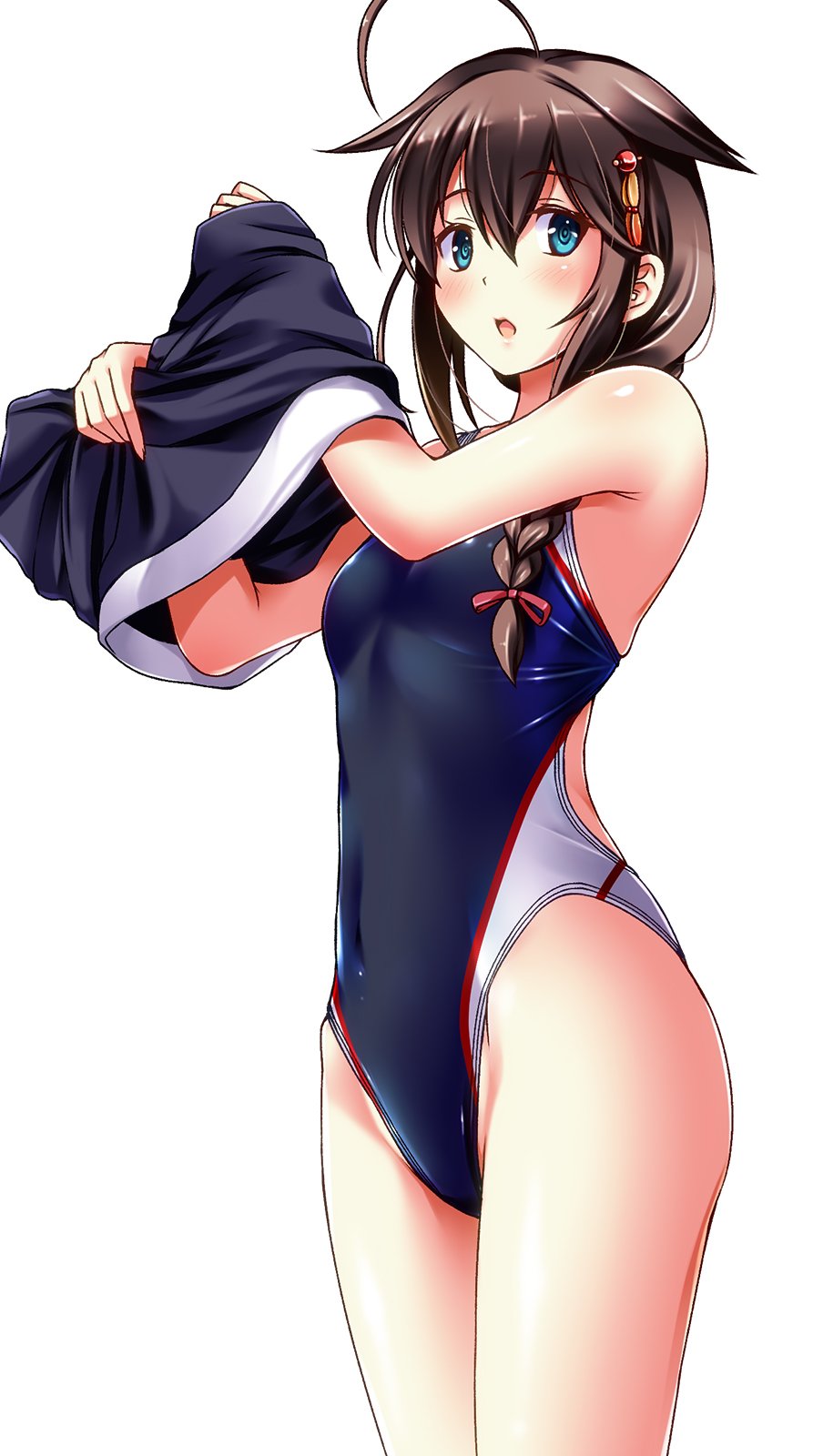 1girl artist_name black_blouse black_swimsuit blouse blue_eyes brown_hair collarbone competition_swimsuit covered_navel cowboy_shot dated eyebrows_visible_through_hair flat_chest hair_between_eyes hair_flaps hair_ornament hair_over_shoulder hairclip highres kantai_collection long_hair looking_at_viewer one-piece_swimsuit open_mouth remodel_(kantai_collection) ribbon shigure_(kantai_collection) simple_background smile solo standing swimsuit tsuchimiya undressing white_background