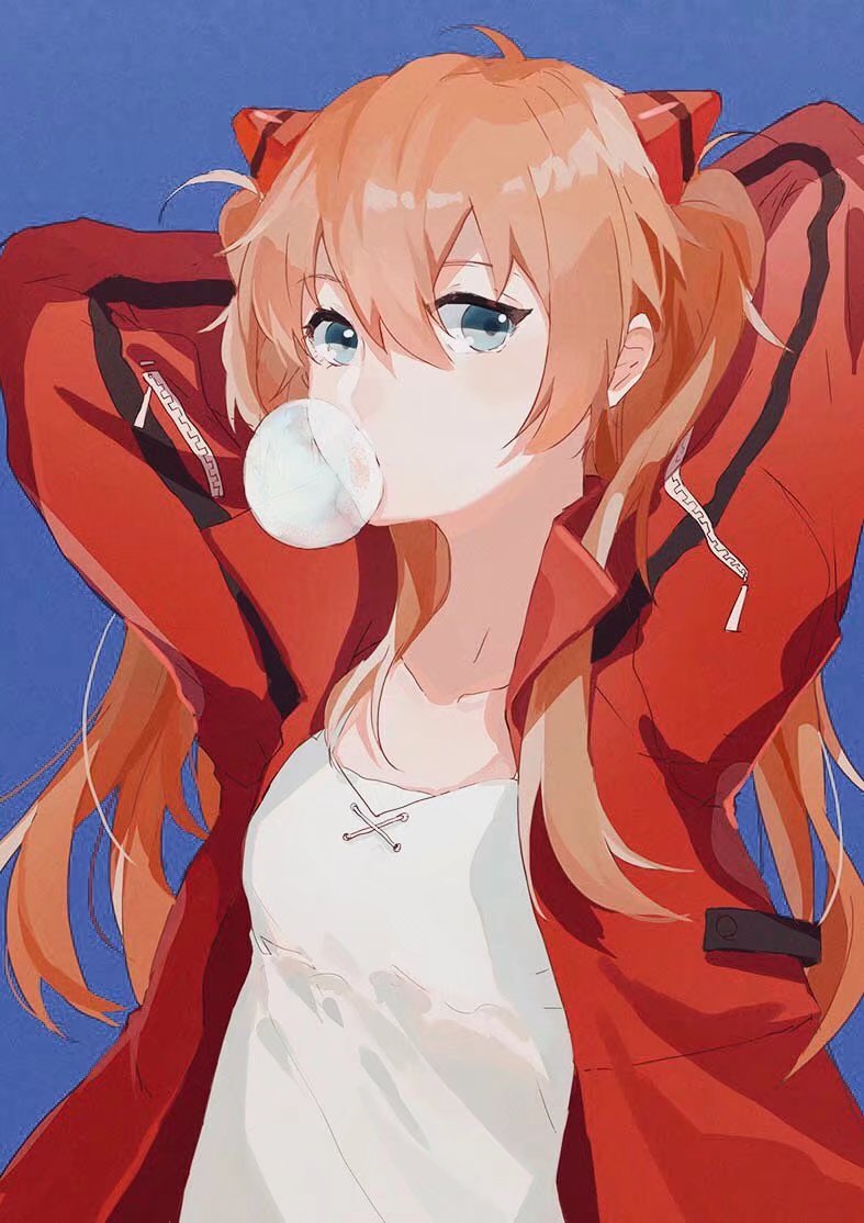 1girl arms_behind_head blue_background blue_eyes brown_hair chewing_gum collarbone hair_between_eyes hair_ornament jacket long_hair looking_at_viewer neon_genesis_evangelion open_clothes open_jacket red_jacket shiny shiny_hair shirt simple_background solo souryuu_asuka_langley sumery upper_body white_shirt